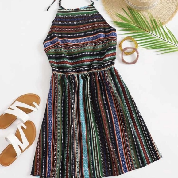 SHEIN Tribal Print Tie Back Halter Dress - Picture 1 of 1
